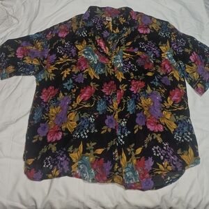 C&A Floral Button-Front Blouse – Vintage 90s Style, Viscose, Women’s Large